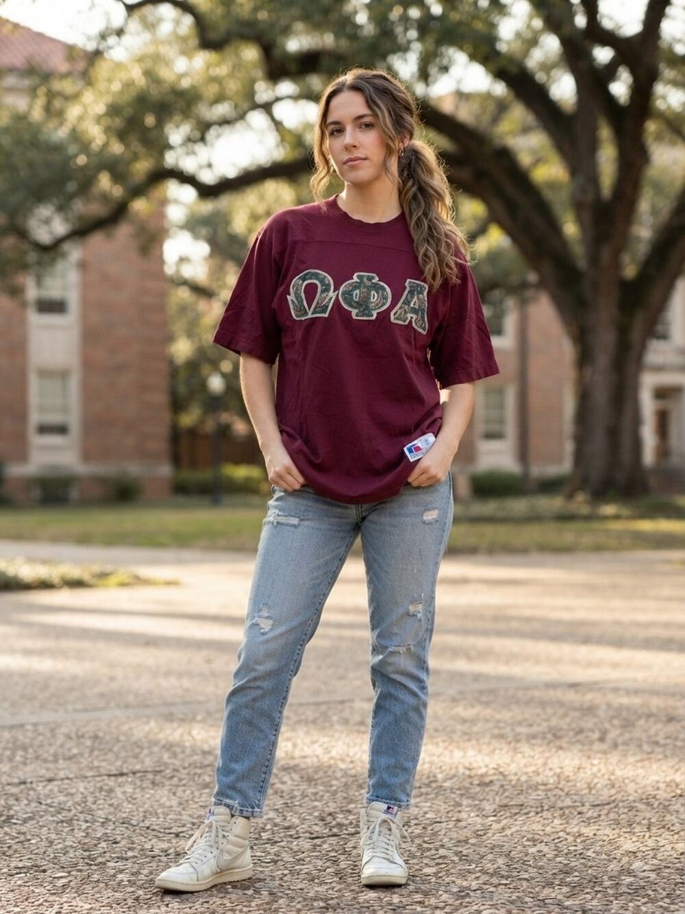 Vintage 90s Russell Athletic Fraternity T-Shirt | Made in USA | Burgundy Paisley
